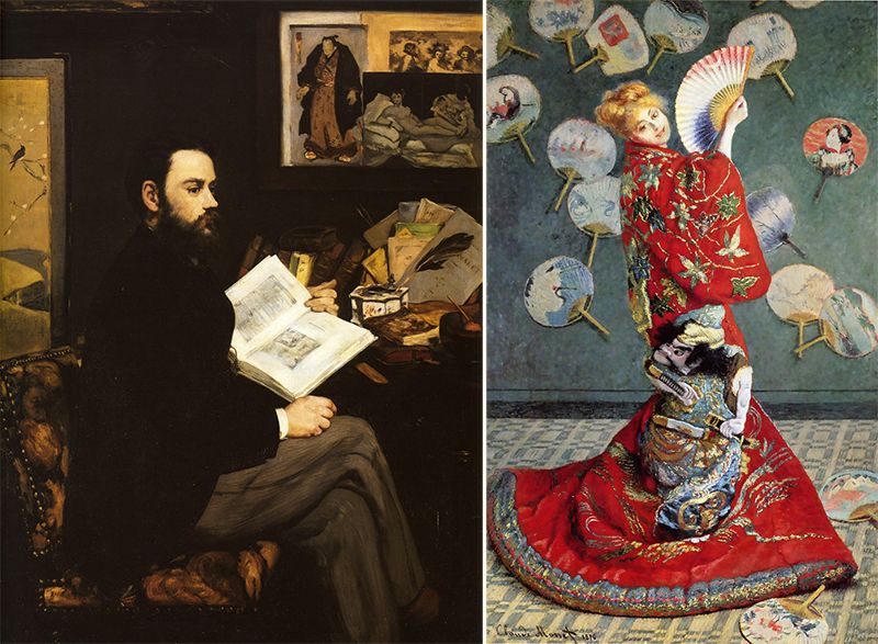 Едуард Мане «Портрет Еміля Золя», 1868 р з фондів музею д'Орсе (зліва), Клод Моне «Японка», 1876 р з фондів Бостонського музею образотворчих мистецтв (праворуч)