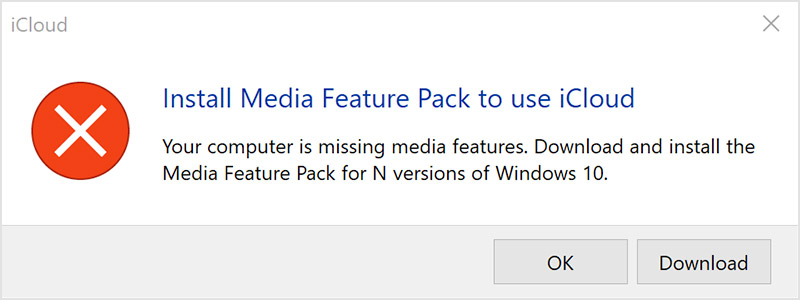 Якщо компоненти Windows для роботи з мультимедіа відключені або програвач Windows Media не входив в комплект поставки ПК, встановити програму iCloud для Windows не вдасться